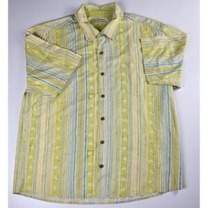Tommy Bahama Shirt Men's Large 100% Silk S/S‎ Button Green Blue Stripe